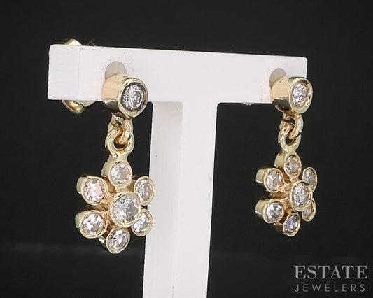14k Yellow Gold Natural .38ctw Diamond Flower Dangle Earrings 2.4g i19441