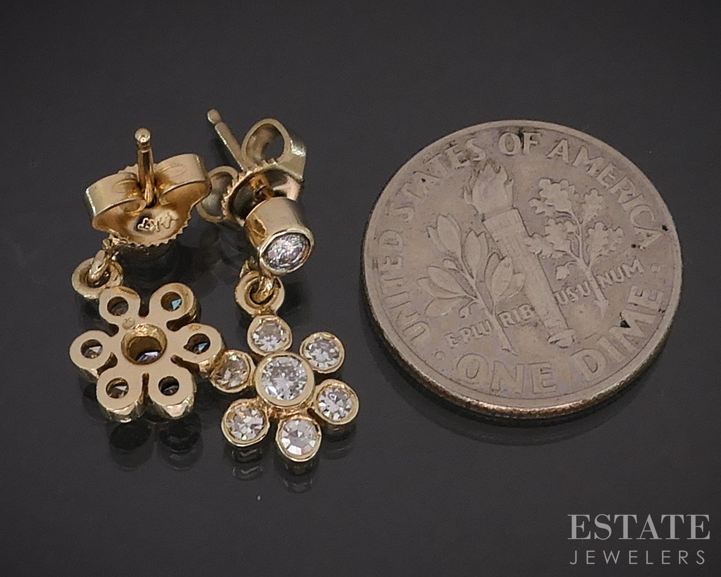 14k Yellow Gold Natural .38ctw Diamond Flower Dangle Earrings 2.4g i19441