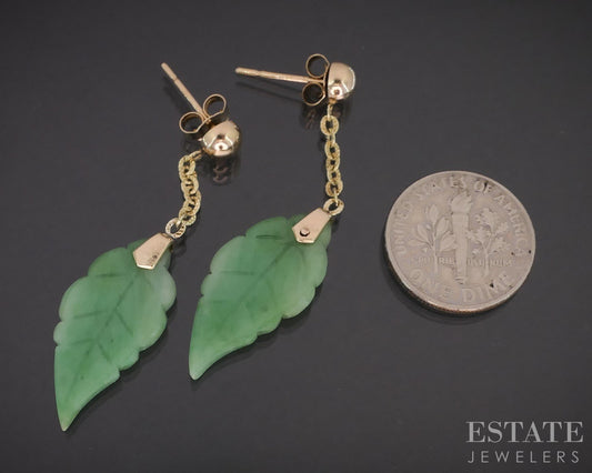 Vintage 10k Yellow Gold Natural Green Jade Leaf Dangle Earrings 4.2g i19531