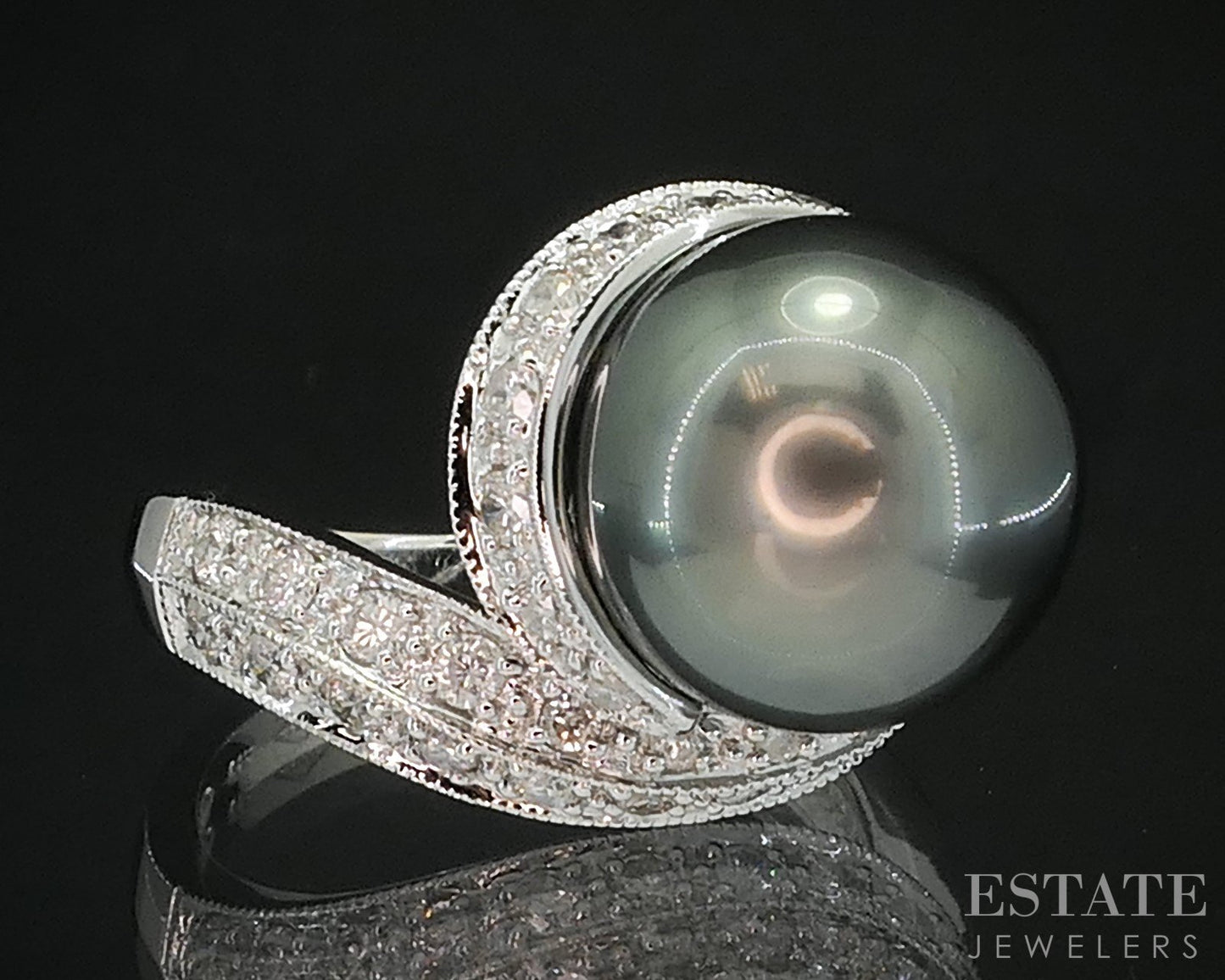 14k White Gold 11.8mm Tahitian Black Pearl & Diamond Ladies Ring 7.3g i19530