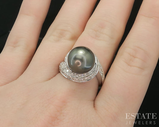 14k White Gold 11.8mm Tahitian Black Pearl & Diamond Ladies Ring 7.3g i19530