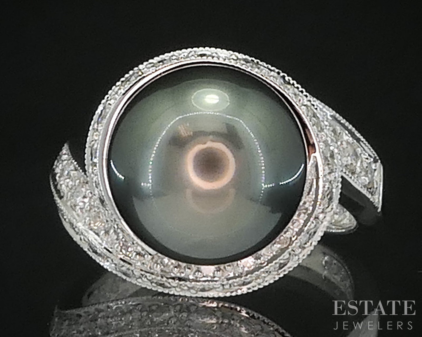 14k White Gold 11.8mm Tahitian Black Pearl & Diamond Ladies Ring 7.3g i19530