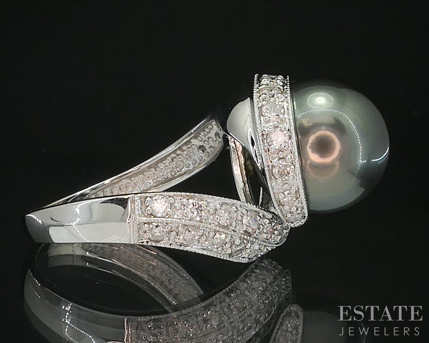14k White Gold 11.8mm Tahitian Black Pearl & Diamond Ladies Ring 7.3g i19530