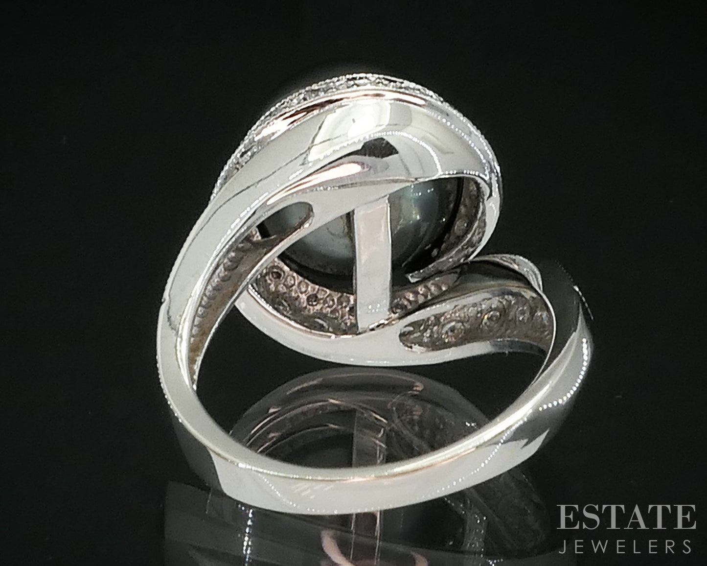 14k White Gold 11.8mm Tahitian Black Pearl & Diamond Ladies Ring 7.3g i19530