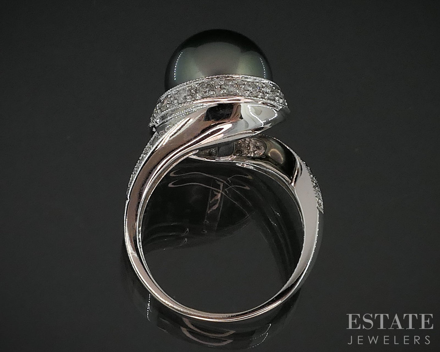 14k White Gold 11.8mm Tahitian Black Pearl & Diamond Ladies Ring 7.3g i19530
