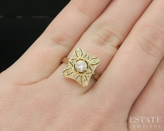 Vintage 14k Yellow Gold Natural .16ctw Diamond Filigree Shield Ring 4g i19529