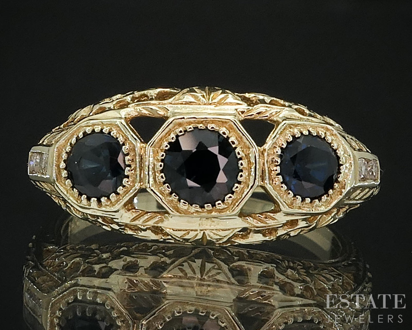 Vintage 14k Yellow Gold Natural Blue Sapphire & Diamond Filigree Ring 3g i19526