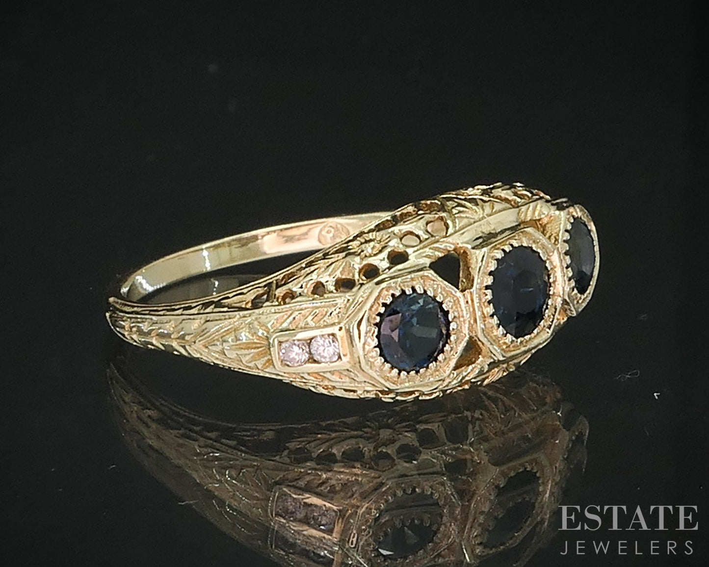 Vintage 14k Yellow Gold Natural Blue Sapphire & Diamond Filigree Ring 3g i19526