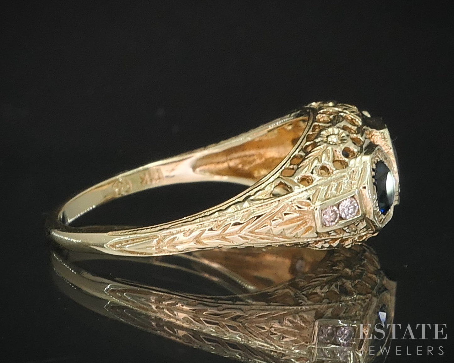 Vintage 14k Yellow Gold Natural Blue Sapphire & Diamond Filigree Ring 3g i19526
