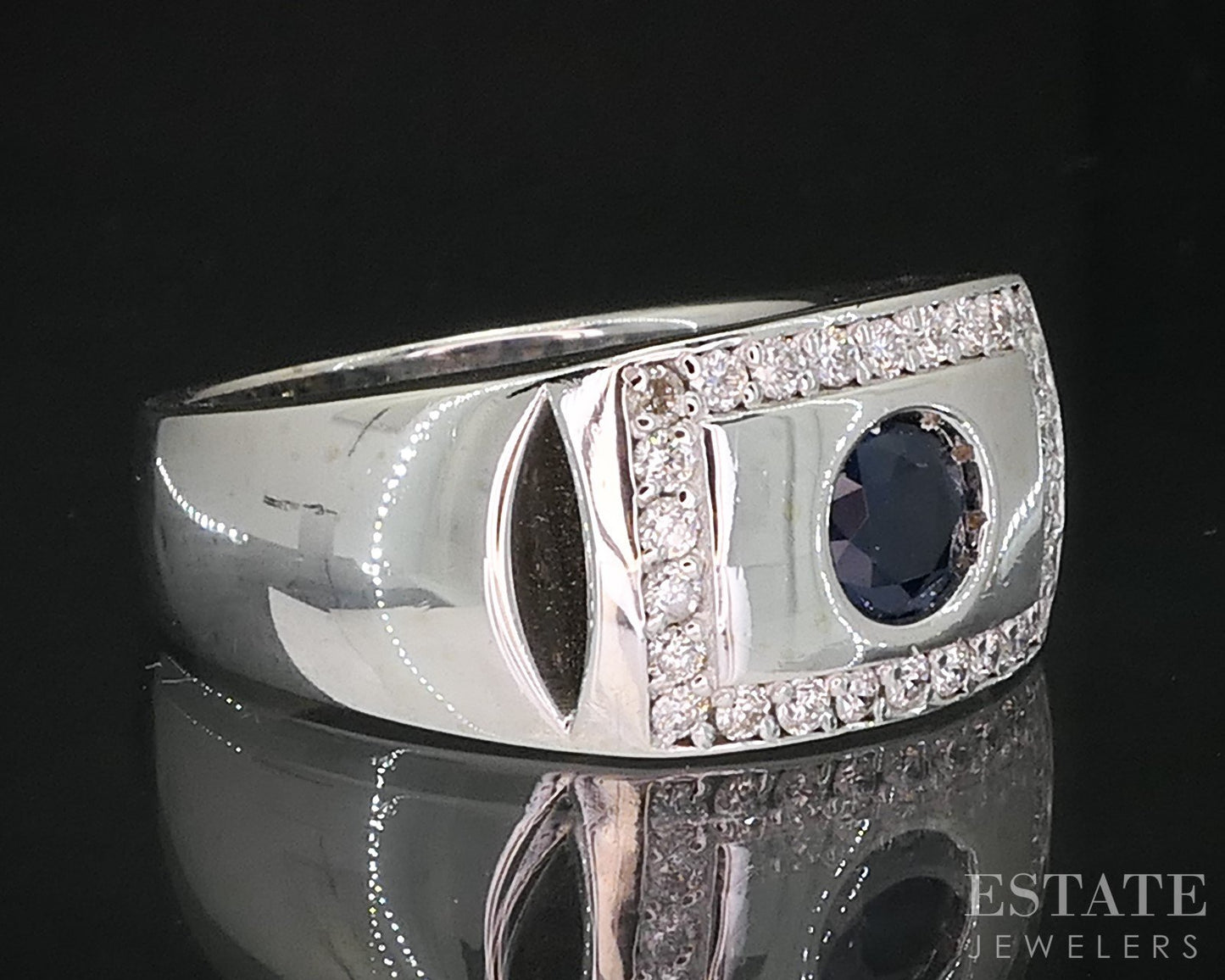 14k White Gold Natural Blue Sapphire & Diamond Mens Band Ring 9g i19522