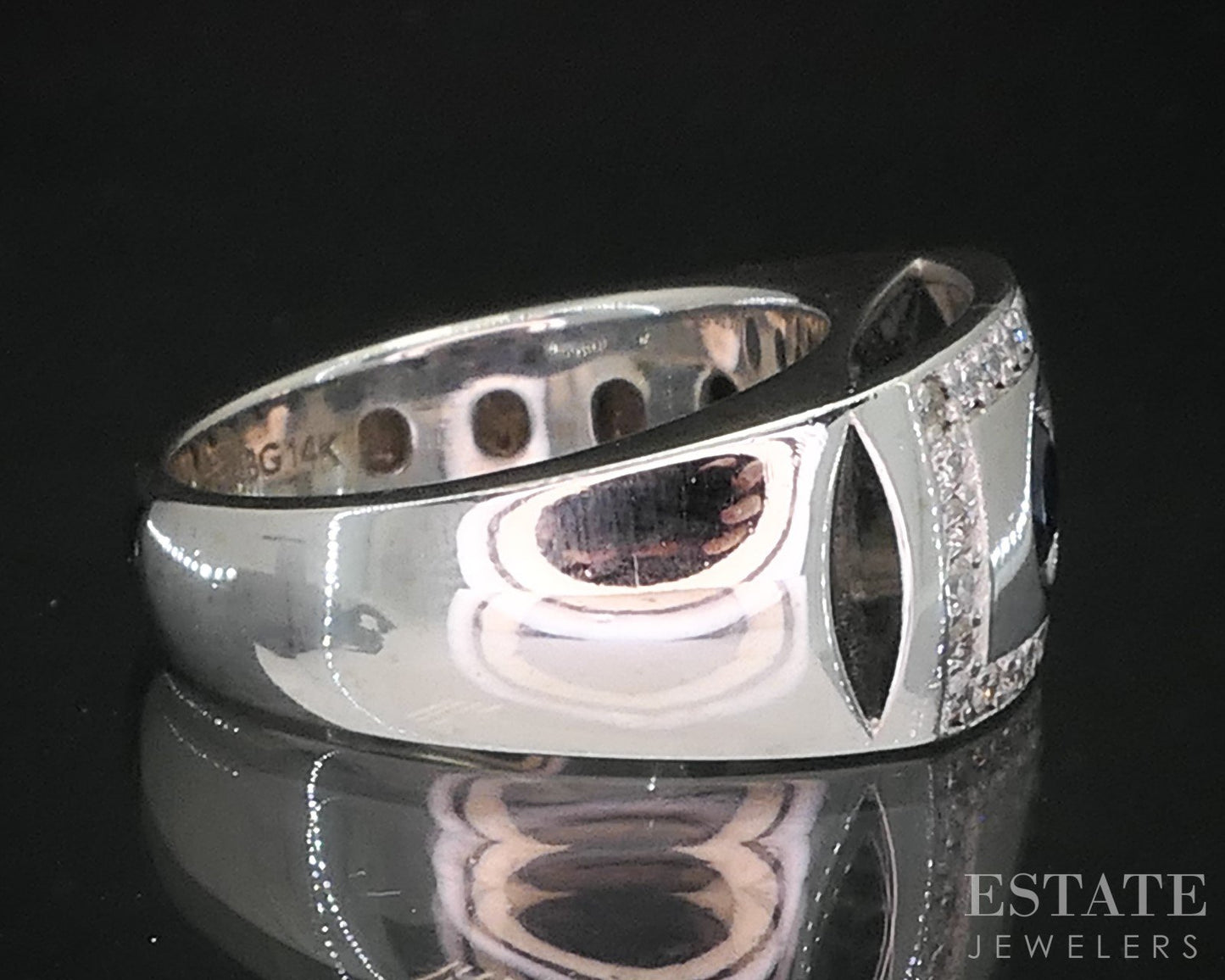 14k White Gold Natural Blue Sapphire & Diamond Mens Band Ring 9g i19522