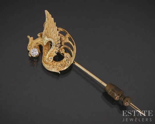 14k Yellow Gold Round Natural .08ct Diamond Griffin Stick Pin 3.1g i19516