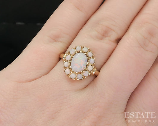 Vintage 10k Yellow Gold Oval Natural Opal Halo Ladies Ring 3.1g i19515