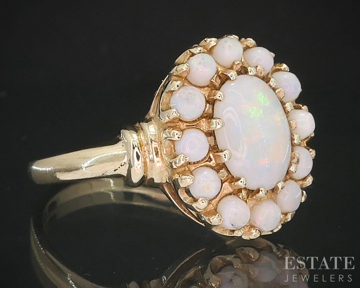 Vintage 10k Yellow Gold Oval Natural Opal Halo Ladies Ring 3.1g i19515