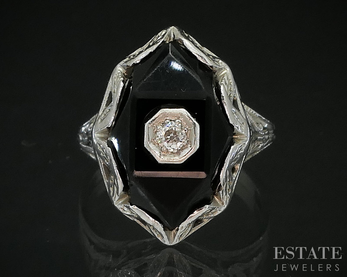 Antique 18k White Gold Natural Black Onyx & Diamond Filigree Ring 3.8g i19512