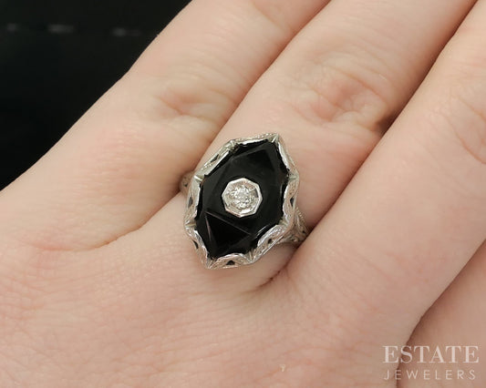 Antique 18k White Gold Natural Black Onyx & Diamond Filigree Ring 3.8g i19512