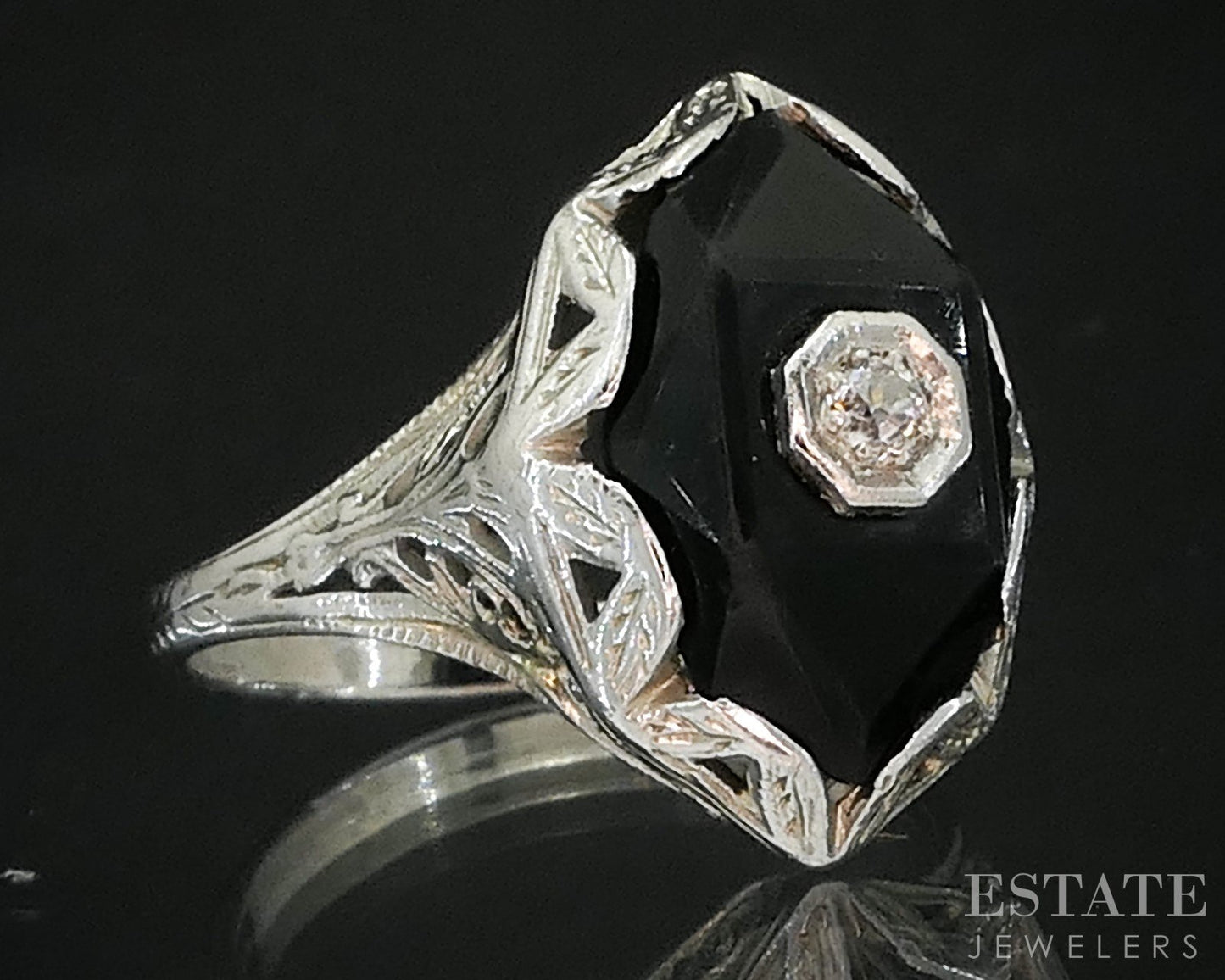 Antique 18k White Gold Natural Black Onyx & Diamond Filigree Ring 3.8g i19512