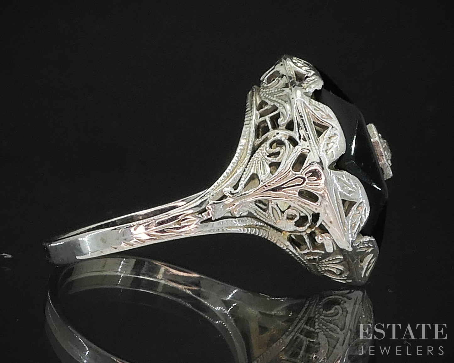 Antique 18k White Gold Natural Black Onyx & Diamond Filigree Ring 3.8g i19512