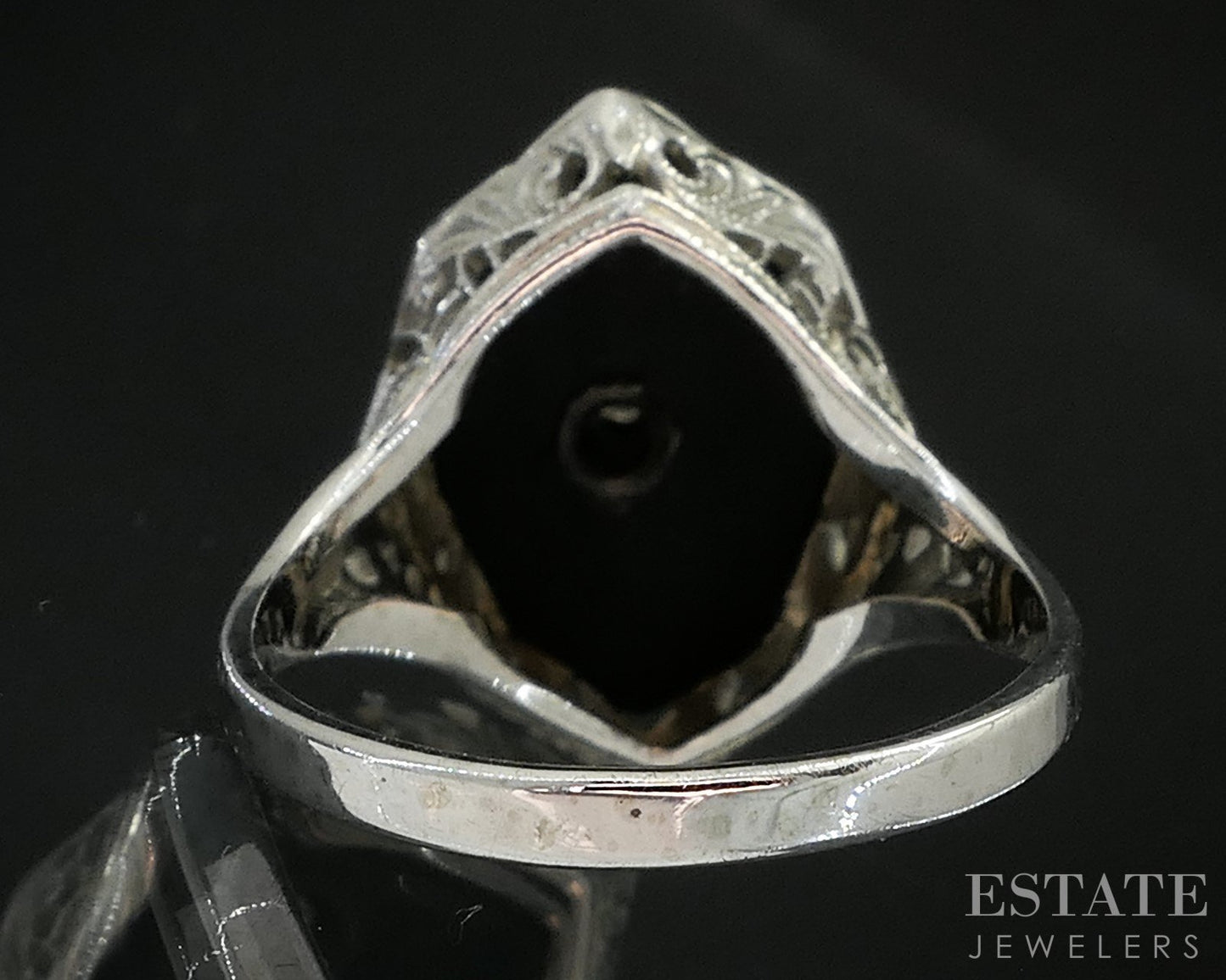 Antique 18k White Gold Natural Black Onyx & Diamond Filigree Ring 3.8g i19512