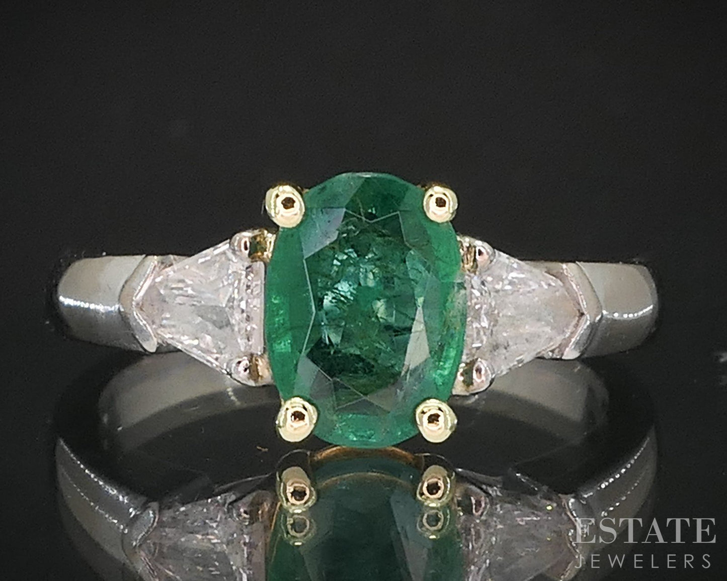 18k Yellow Gold Platinum Oval Natural 1ct Emerald & Diamond Ring 4.4g i19511