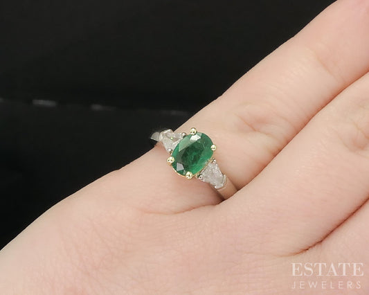 18k Yellow Gold Platinum Oval Natural 1ct Emerald & Diamond Ring 4.4g i19511