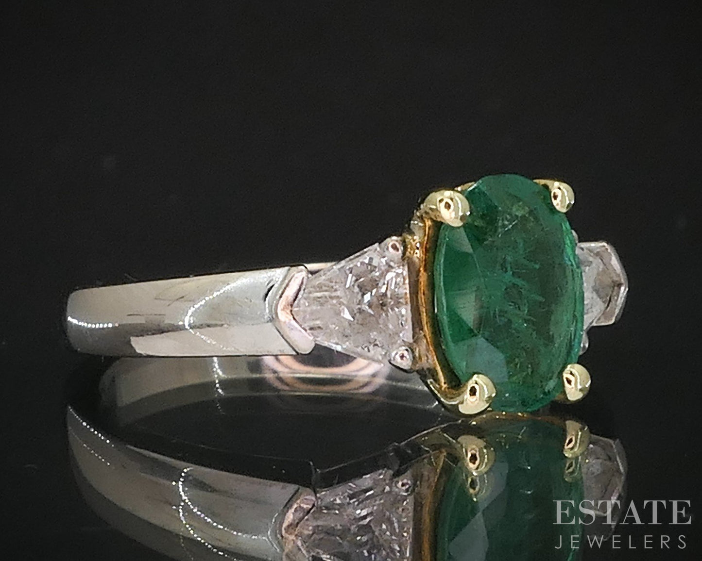 18k Yellow Gold Platinum Oval Natural 1ct Emerald & Diamond Ring 4.4g i19511