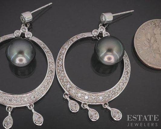14k White Gold Tahitian Black Pearl & Diamond Circle Dangle Earrings 10g i19510