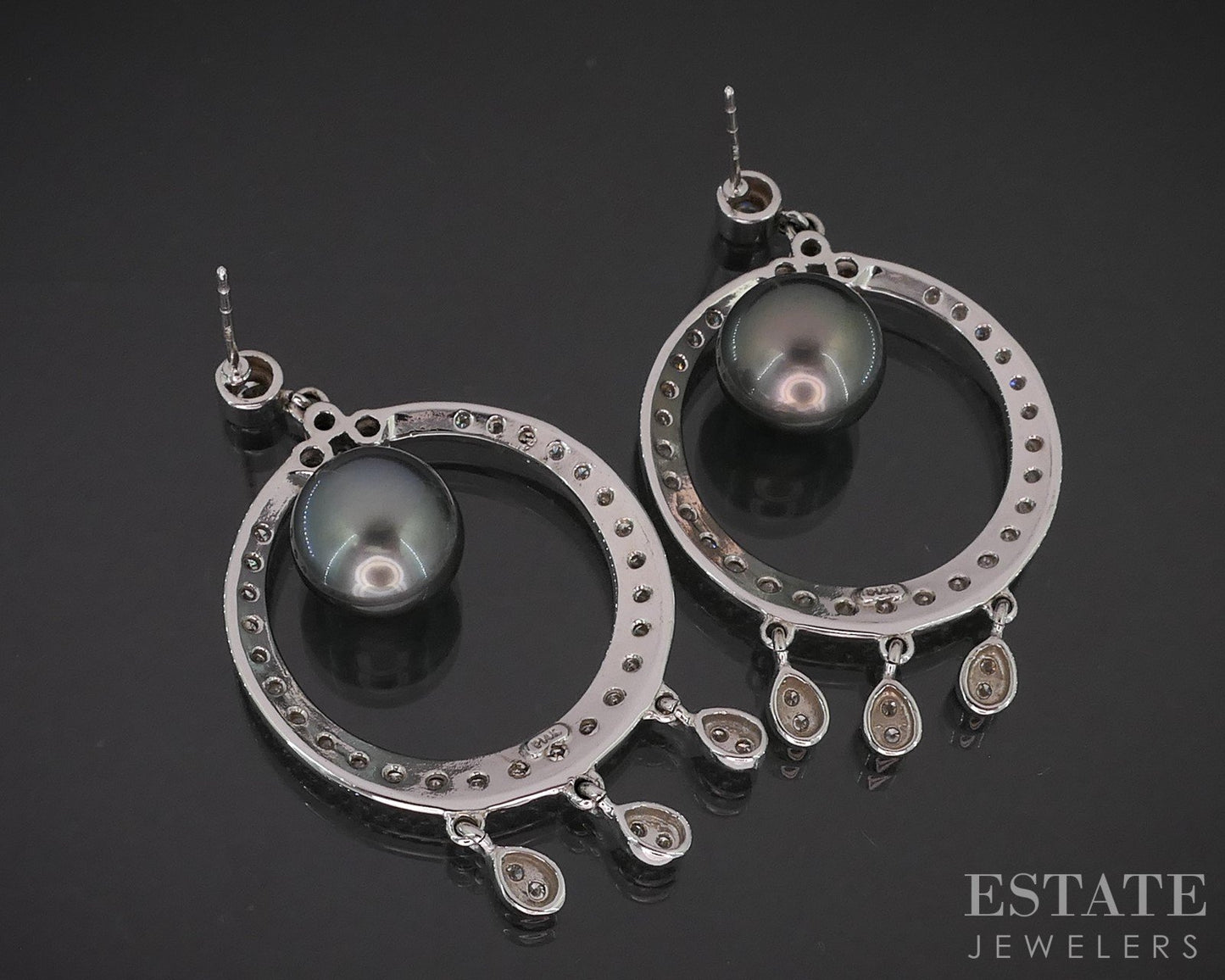 14k White Gold Tahitian Black Pearl & Diamond Circle Dangle Earrings 10g i19510