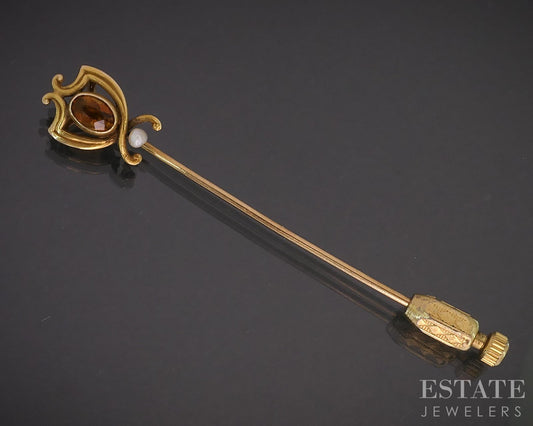 Antique Art Nouveau 14k Yellow Gold Citrine & Seed Pearl Stick Pin 1.7g i19504