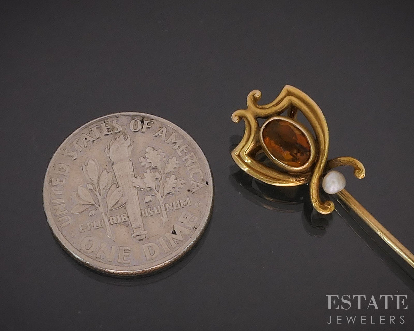 Antique Art Nouveau 14k Yellow Gold Citrine & Seed Pearl Stick Pin 1.7g i19504