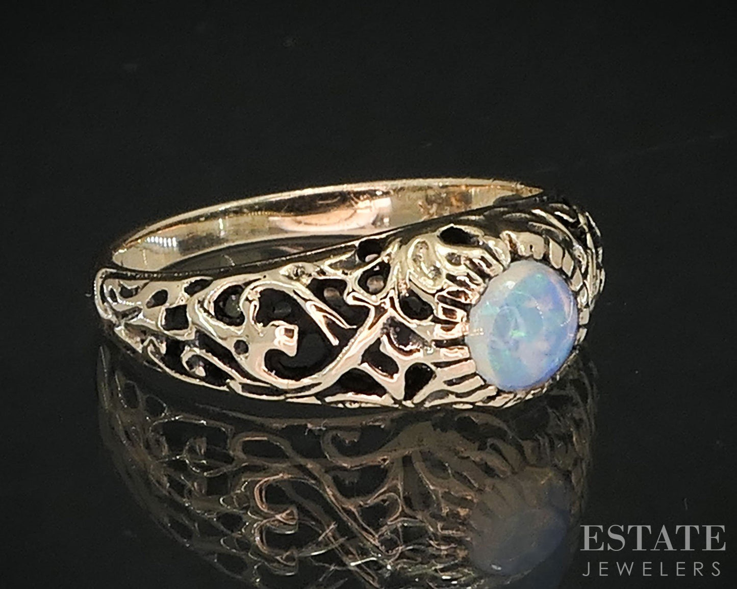 Antique 14k Yellow Gold Natural Opal Filigree Ladies Ring 2.8g i19536b