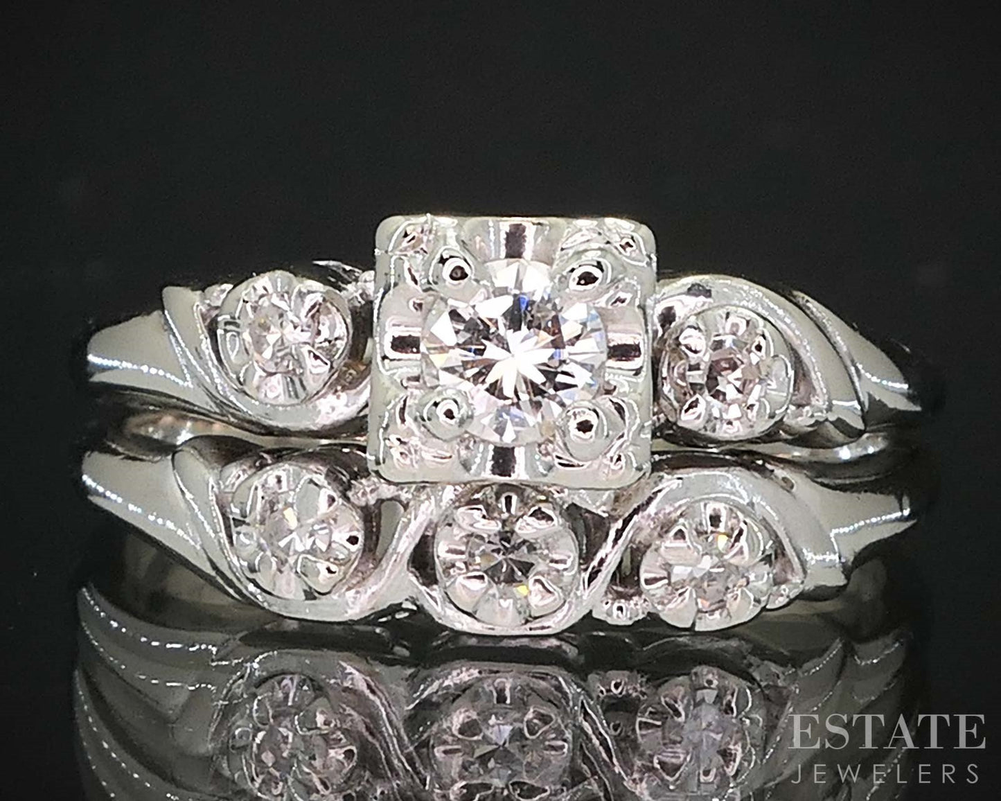 Antique 14k White Gold Round Natural .30ctw Diamond Wedding Set 5.4g i19539b