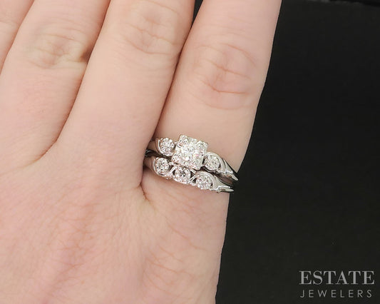 Antique 14k White Gold Round Natural .30ctw Diamond Wedding Set 5.4g i19539b