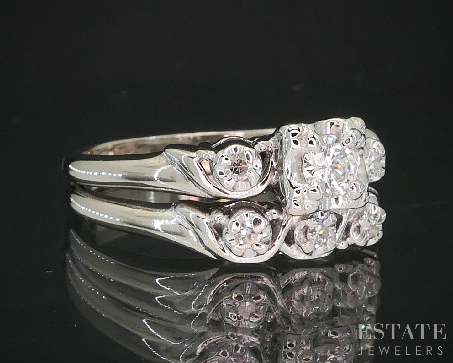 Antique 14k White Gold Round Natural .30ctw Diamond Wedding Set 5.4g i19539b