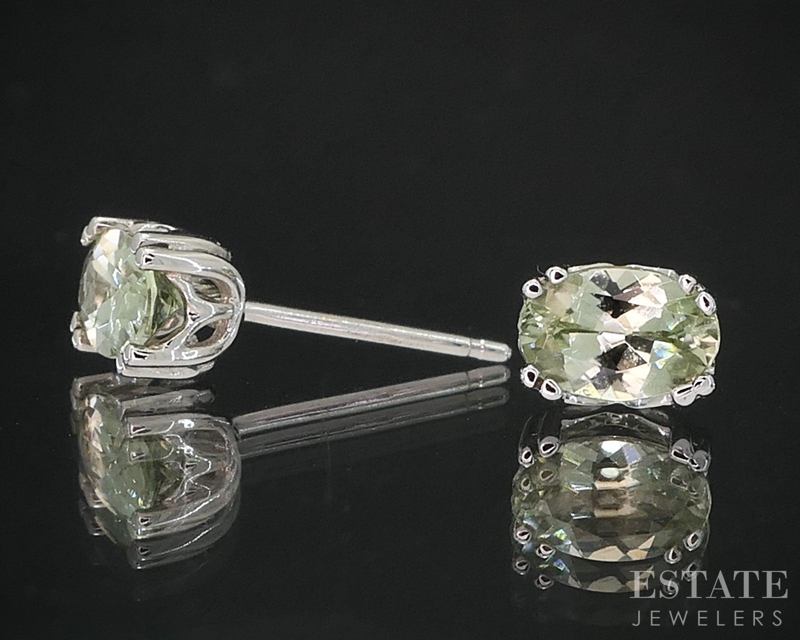 14k White Gold Oval Natural Green Amethyst Stud Earrings