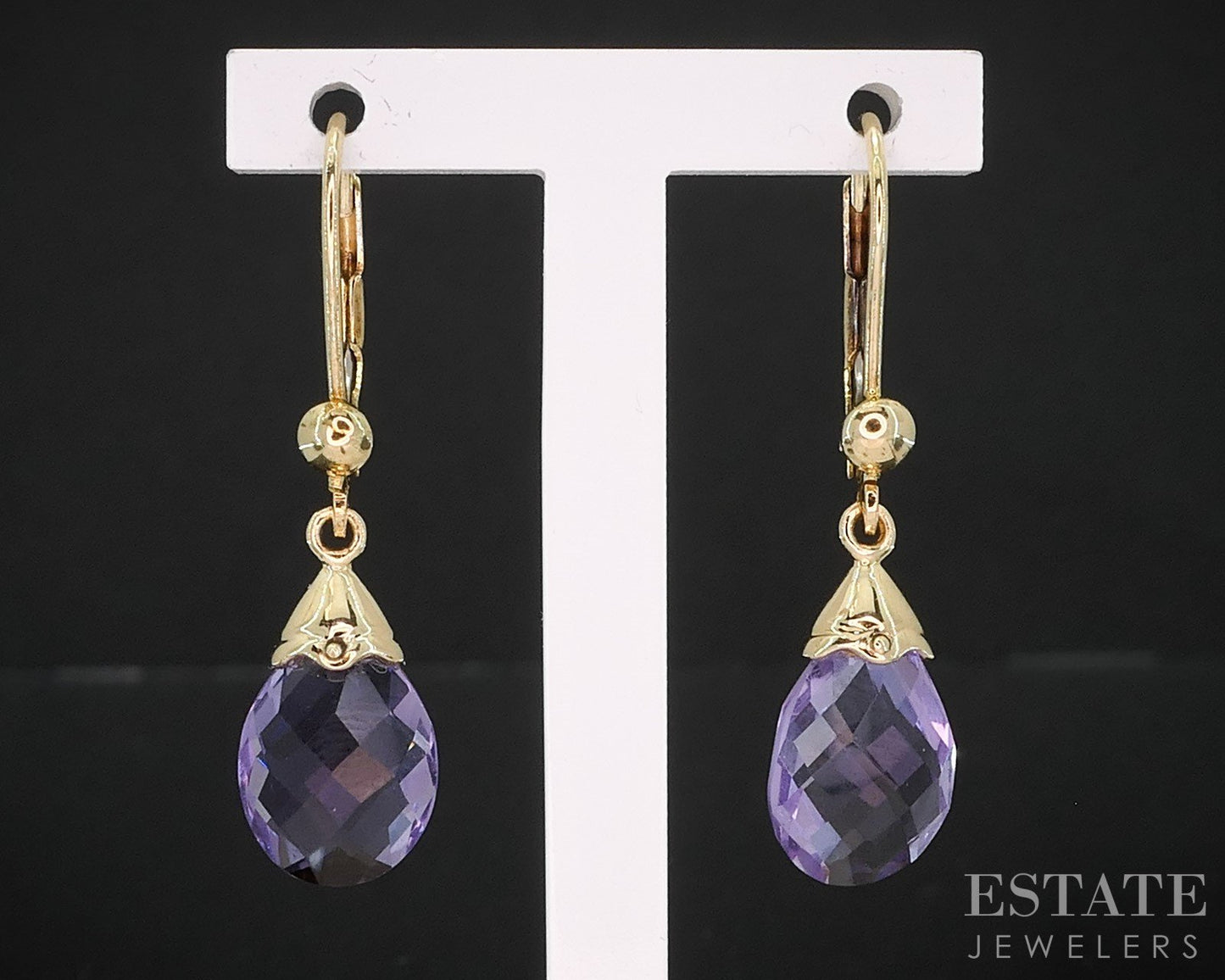 14k Yellow Gold Pear Cut Natural Amethyst Dangle Ladies Earrings 2.3g i19558b
