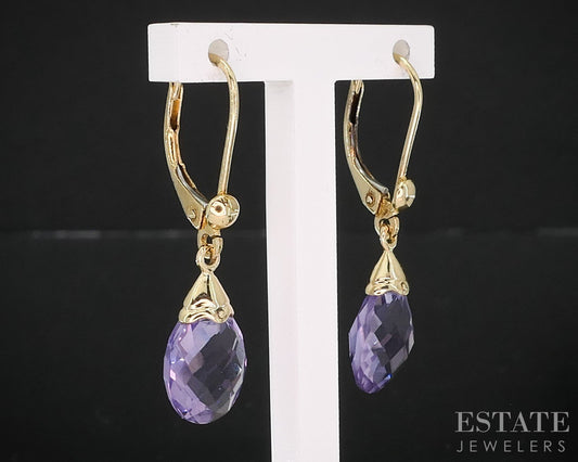 14k Yellow Gold Pear Cut Natural Amethyst Dangle Ladies Earrings 2.3g i19558b