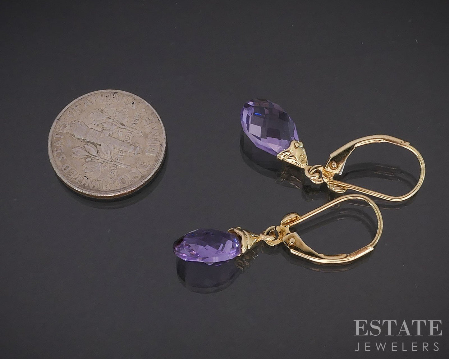 14k Yellow Gold Pear Cut Natural Amethyst Dangle Ladies Earrings 2.3g i19558b