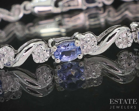 14k White Gold Natural Tanzanite & Diamond Tennis Bracelet 6.5g 7.25"L i19543b