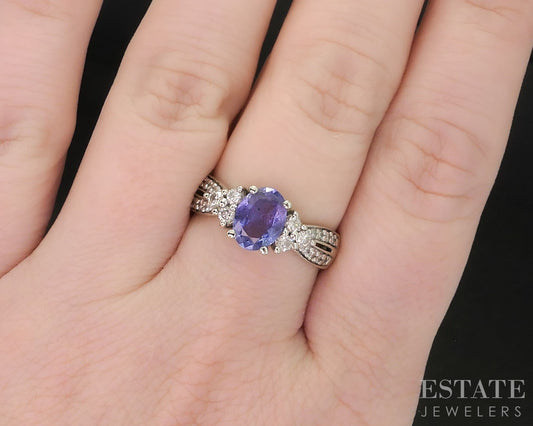14k White Gold Oval Natural Tanzanite & Diamond Ladies Ring 4.1g i19559b