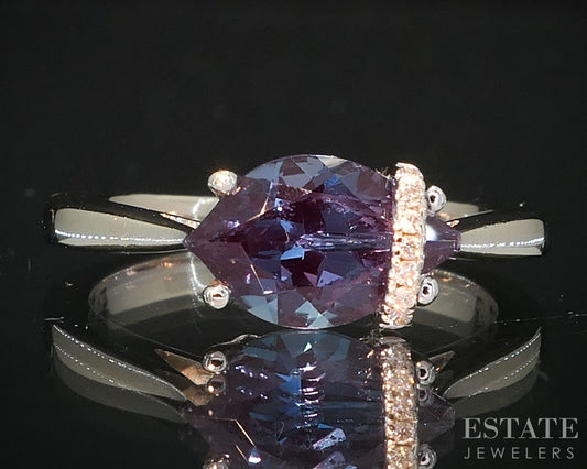 14k White Gold Marquise Chatham Alexandrite & Diamond Ladies Ring 3g i19555b