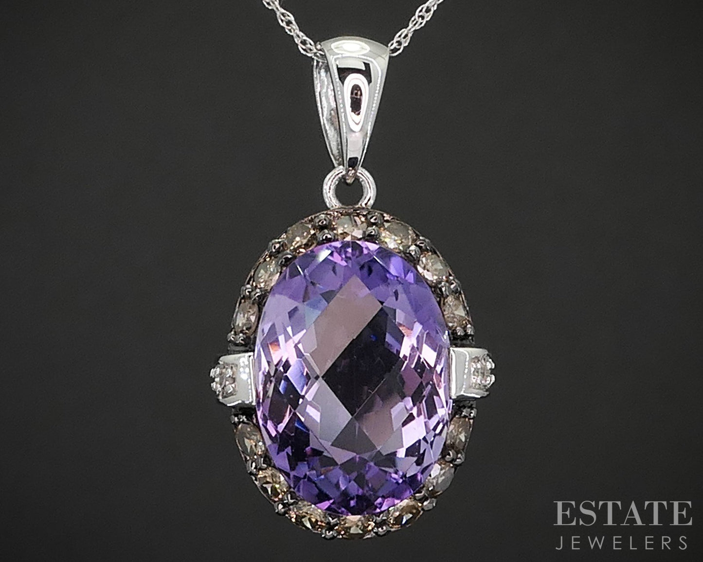 14k White Gold Natural Amethyst & Champagne Diamond Necklace 4.4g 18"L i19561