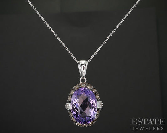 14k White Gold Natural Amethyst & Champagne Diamond Necklace 4.4g 18"L i19561