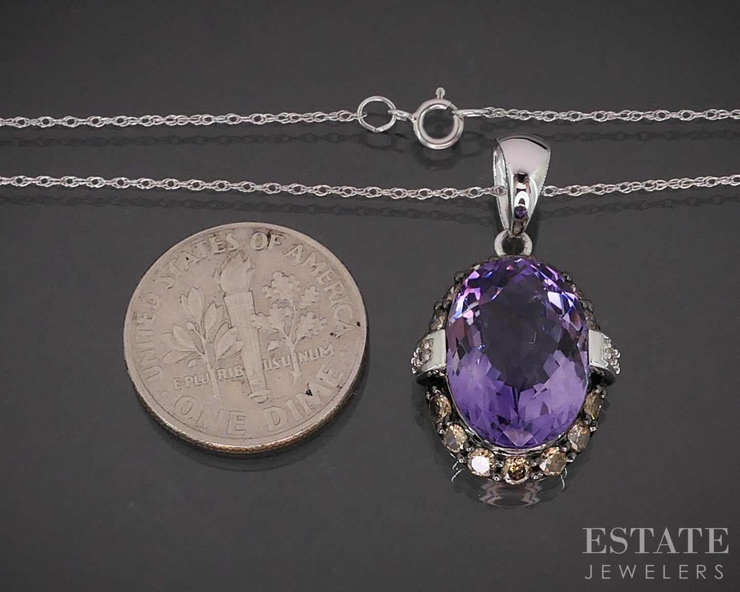 14k White Gold Natural Amethyst & Champagne Diamond Necklace 4.4g 18"L i19561