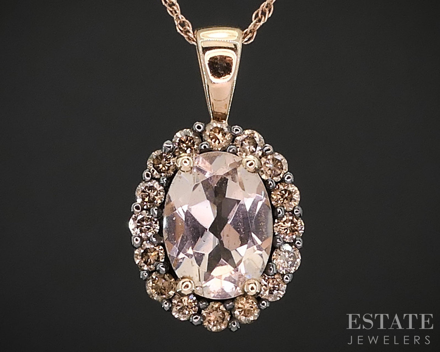 10k Rose Gold Oval Natural 1.15ct Morganite & Diamond Necklace 2.1g 18"L i19562