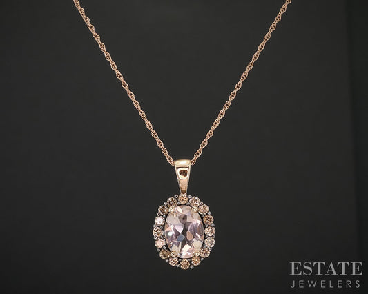 10k Rose Gold Oval Natural 1.15ct Morganite & Diamond Necklace 2.1g 18"L i19562