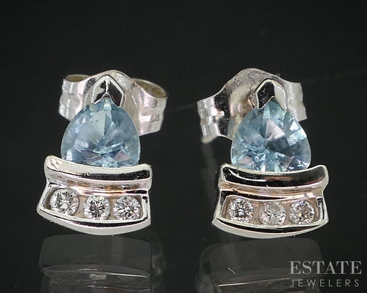 14k White Gold Natural Blue Topaz & Diamond Stud Earrings 1.3g i19580