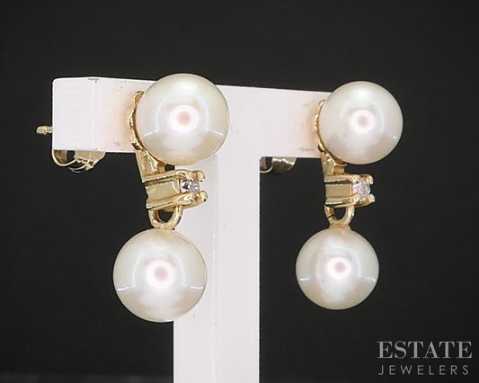 14k Yellow Gold 6mm Cultured Pearl & Diamond Dangle Earrings 2.1g i19565