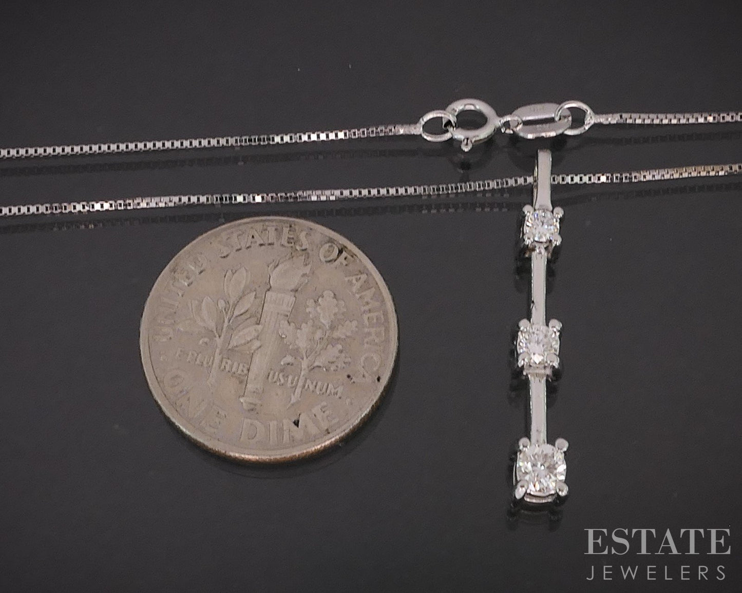 14k White Gold Round Natural .25ctw Diamond Three Stone Necklace 2g 18"L i19566