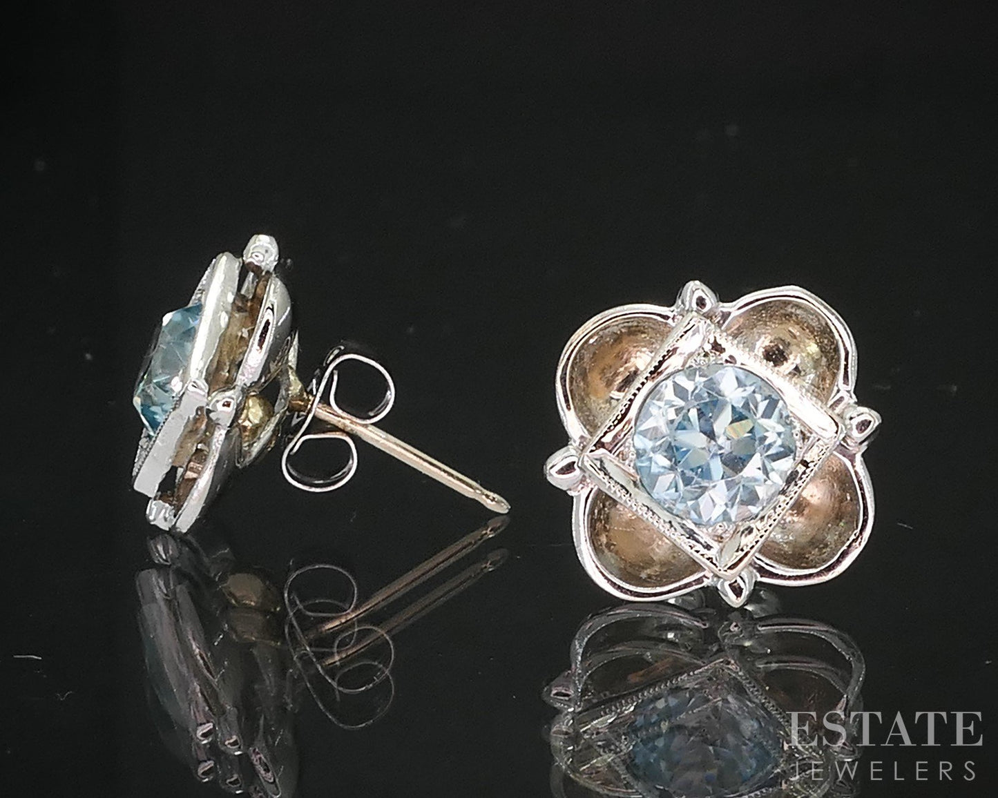 Vintage 14k White Gold Natural Blue Zircon Ladies Stud Earrings 3.0g i19575